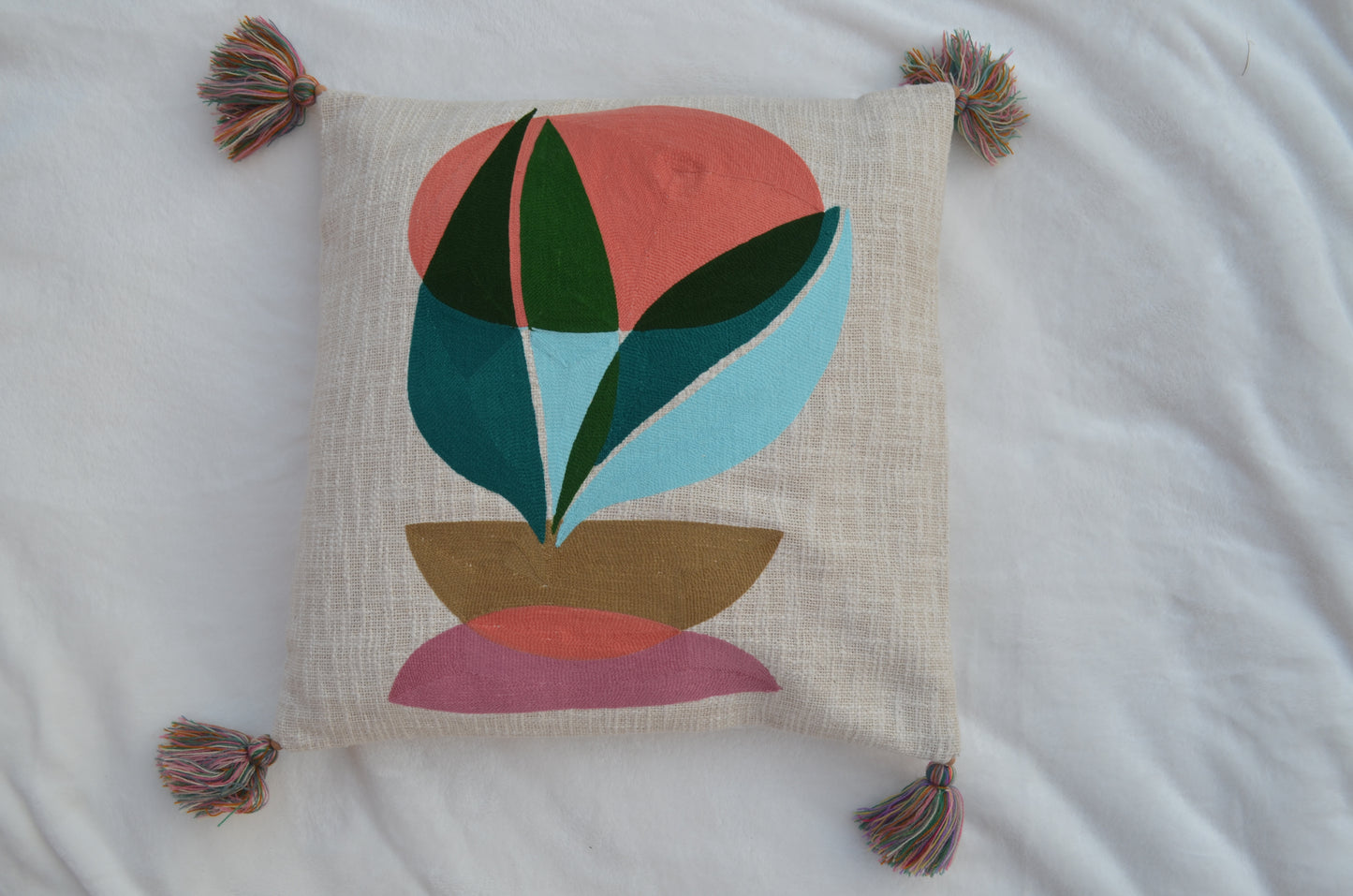 Sunset Leaf Embroidered Tufted beige cushion cover