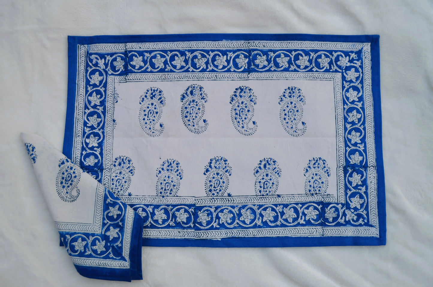 Indigo hand block printed table mats with napkins (set of 6)