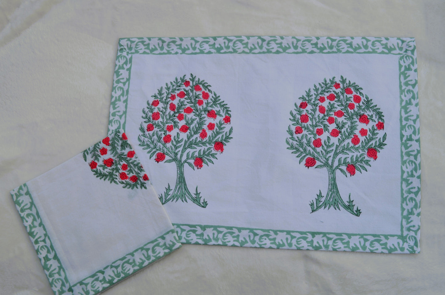 Pomegranate tree hand block printed table mats with cloth napkins (set of 6)