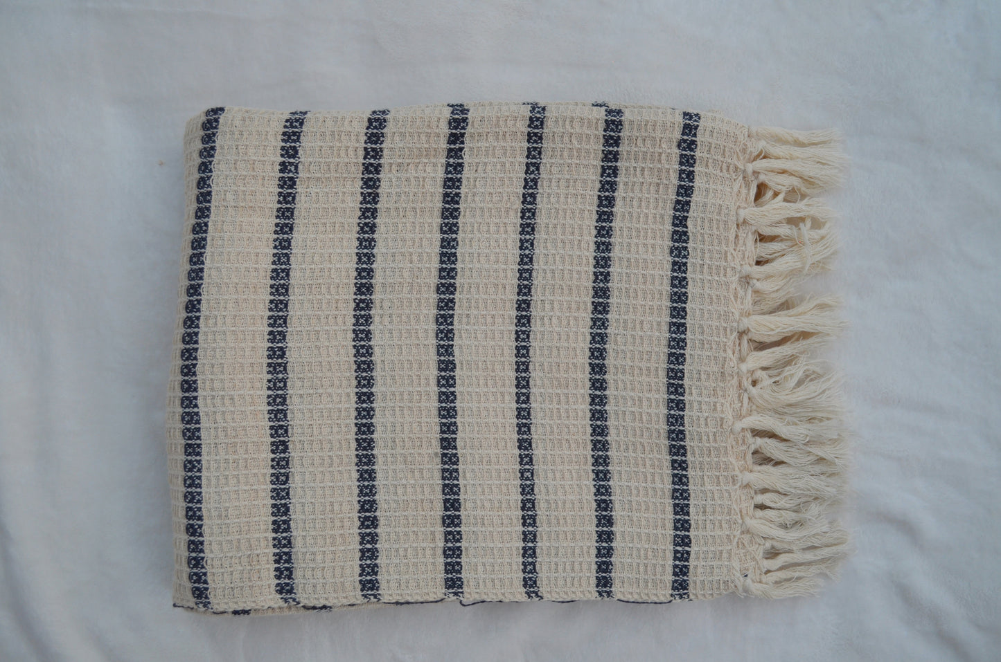 Blue & Beige classic stripes tufted throw