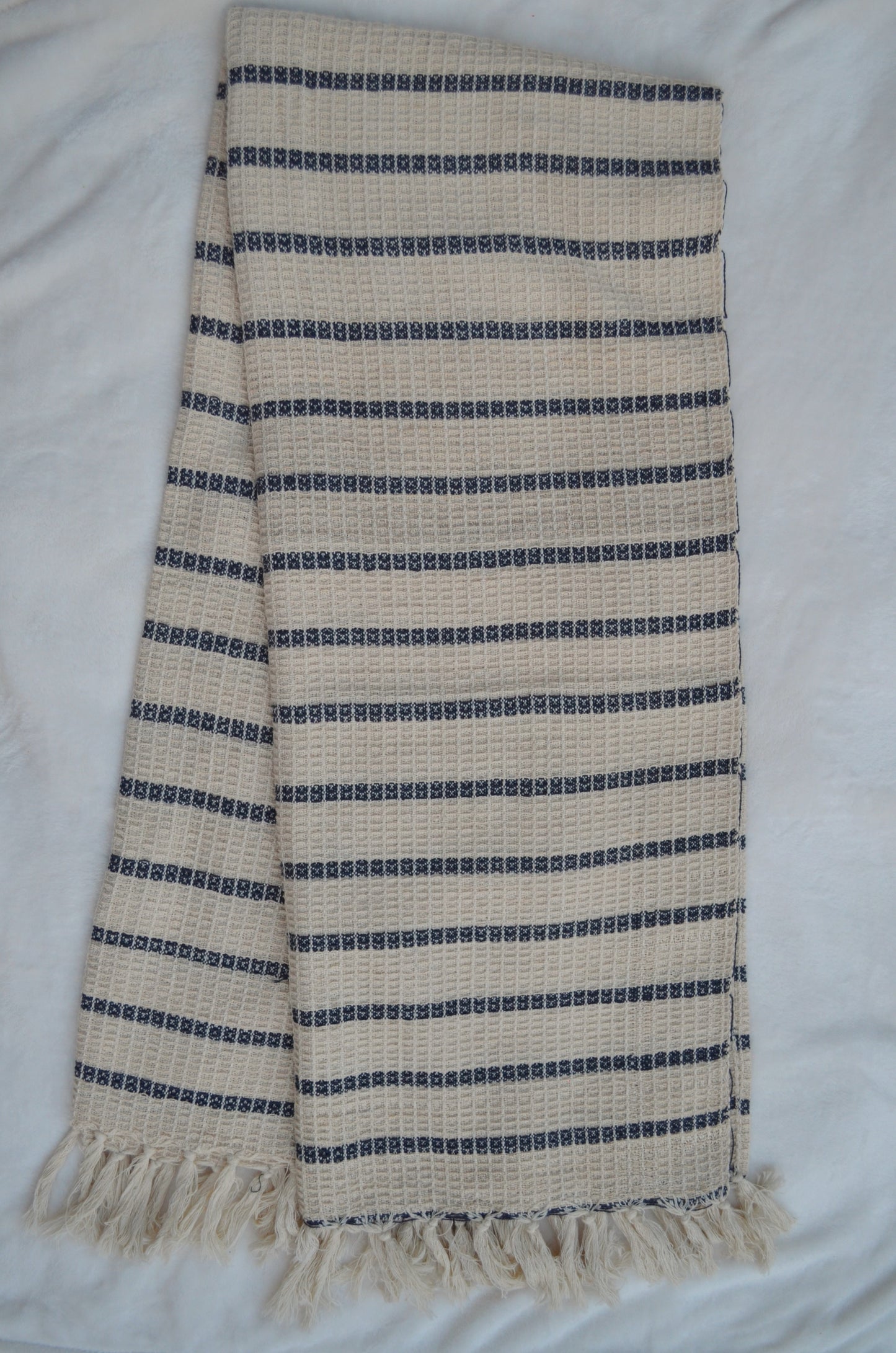 Blue & Beige classic stripes tufted throw