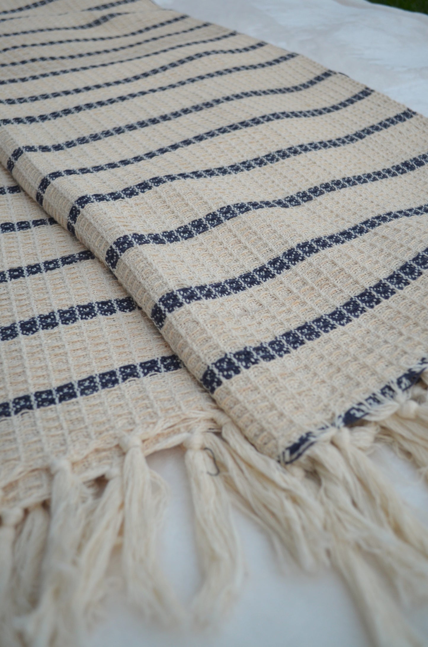 Blue & Beige classic stripes tufted throw