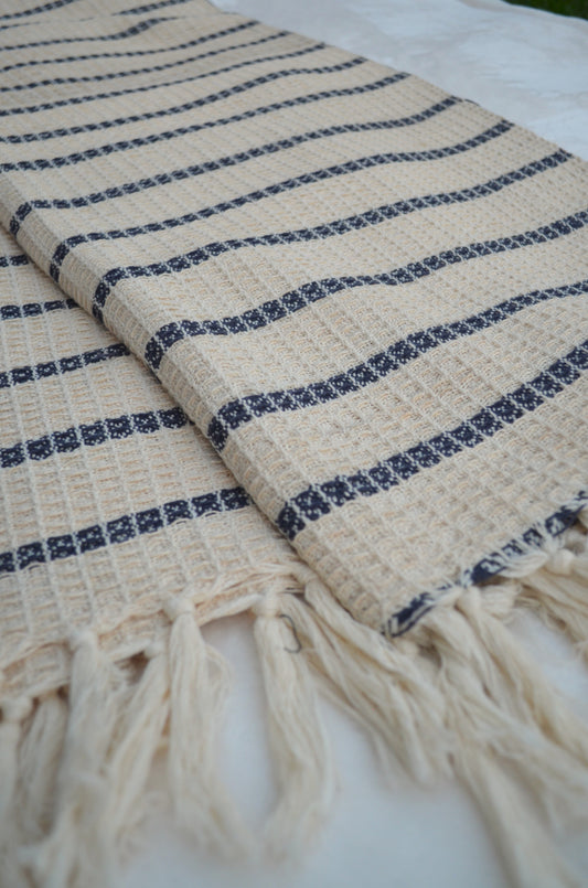 Blue & Beige classic stripes tufted throw