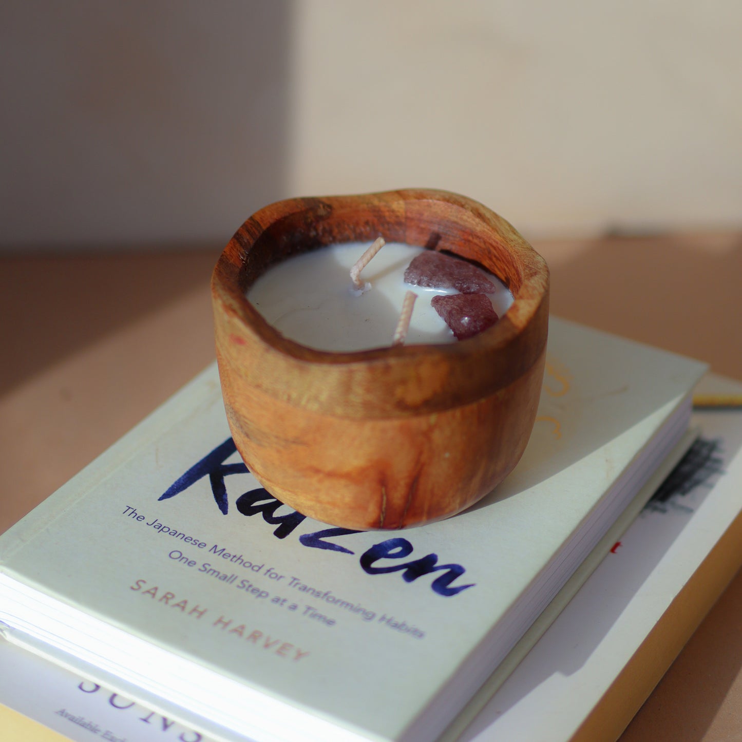 Wooden Candle Jar with Gemstones