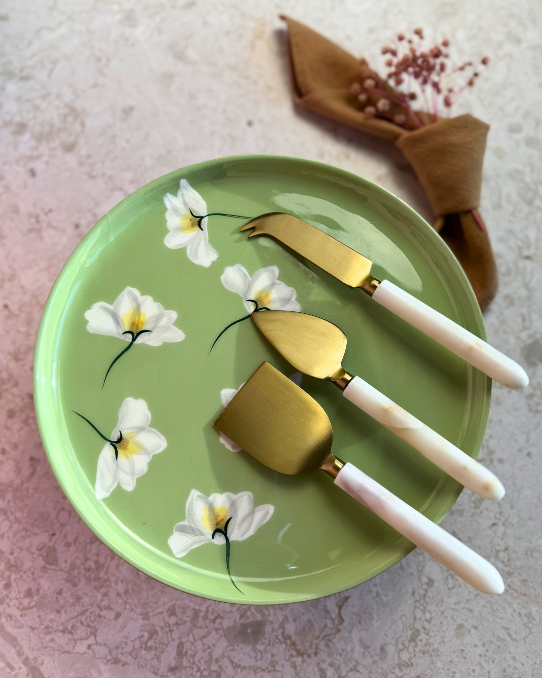 Sage Cheese Board and Marble Knives