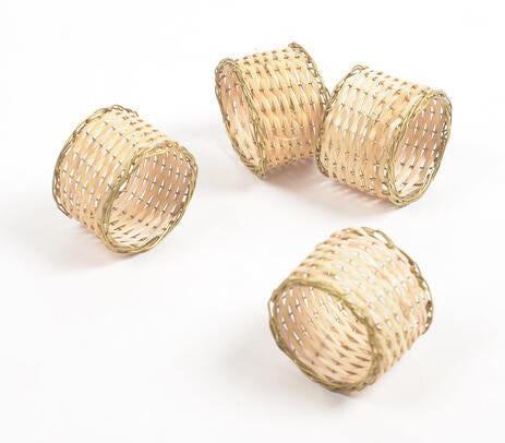 Eco-Friendly Handwoven Cane & Brass Napkin Ring  (Set of 4)