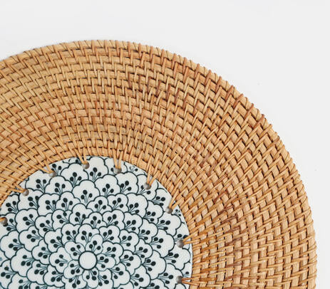 Handwoven Cane & Ceramic Trivet (Placemat)